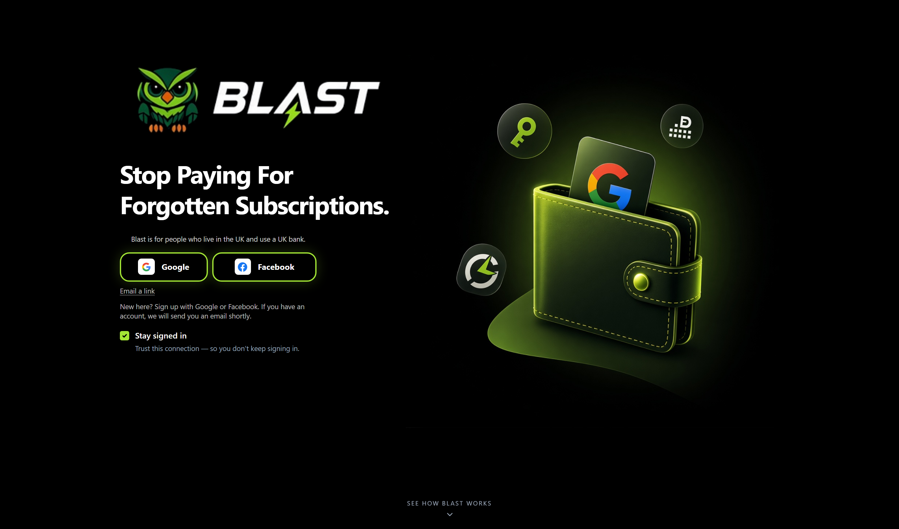 Blast sign-in on desktop with Google and Open Banking trust marks.