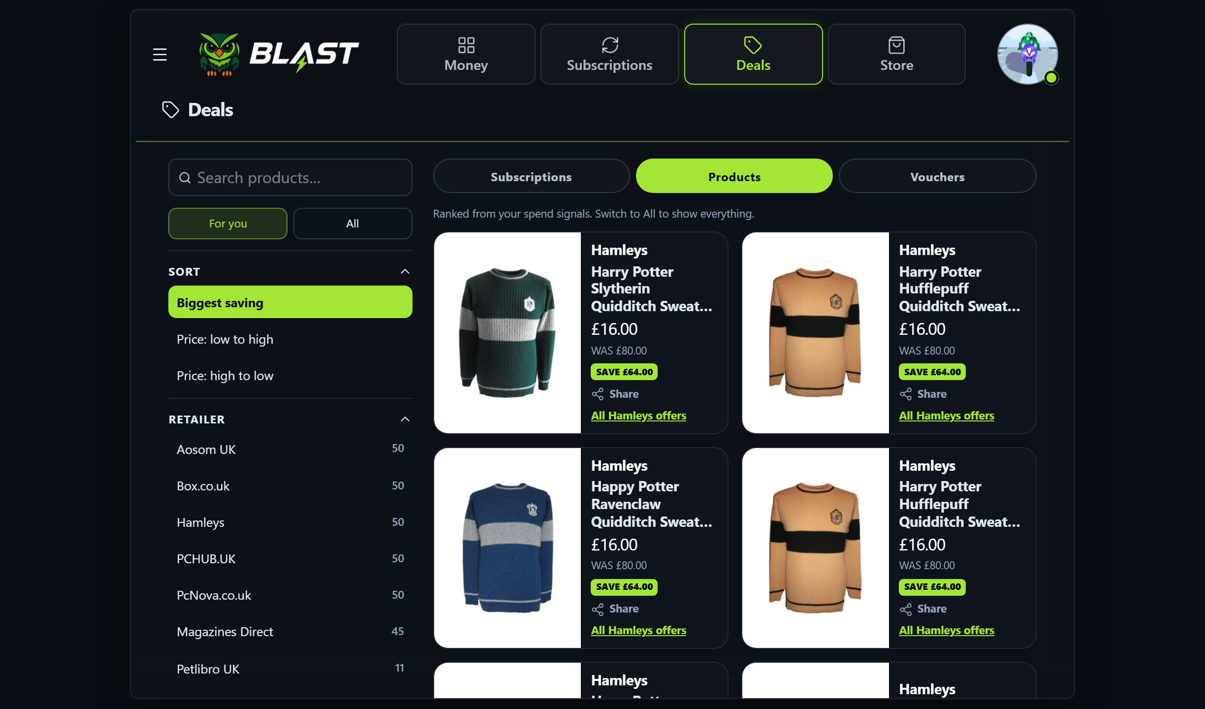 Blast Deals product specials on desktop.