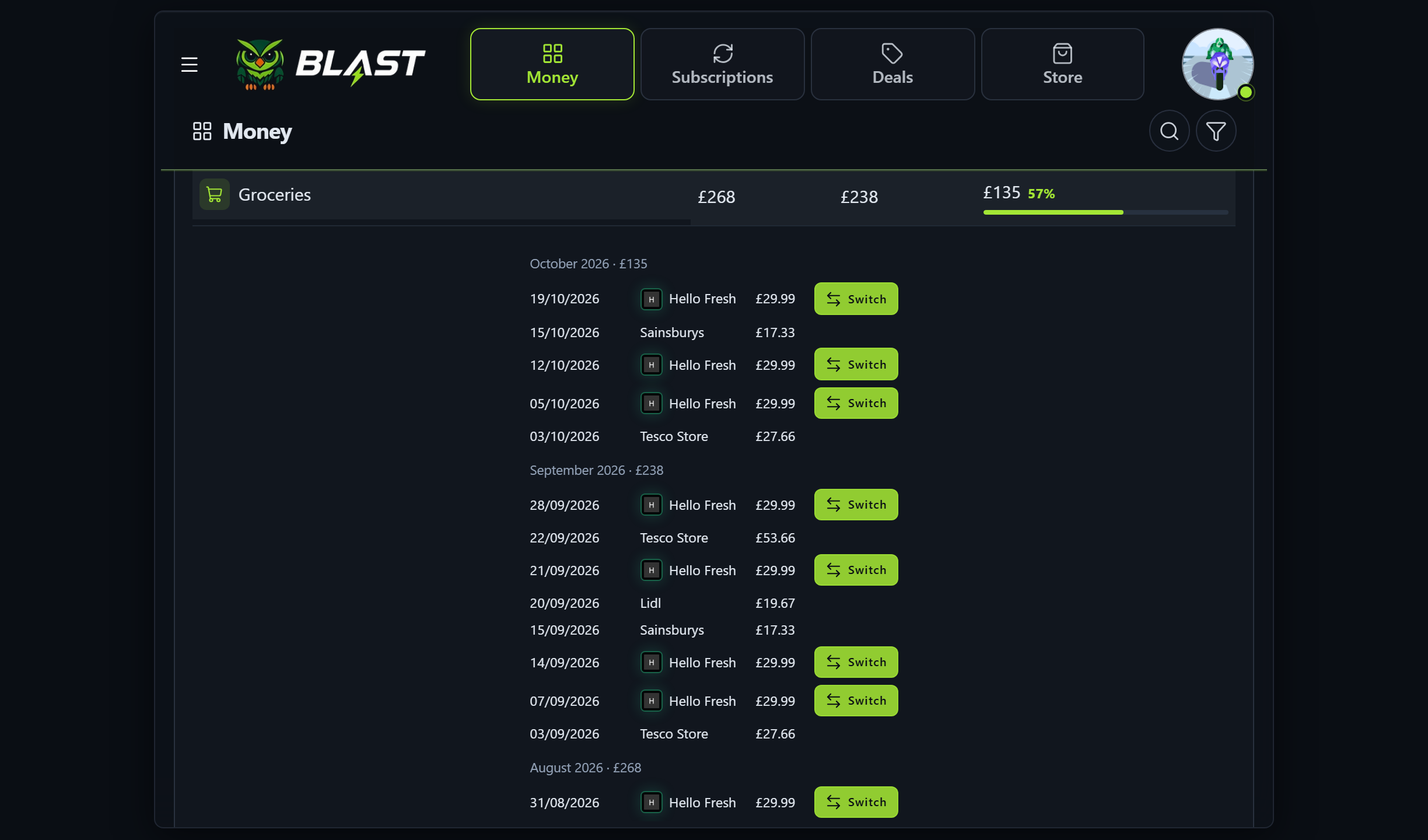 A Money category opened to show each payment for October, September and August.