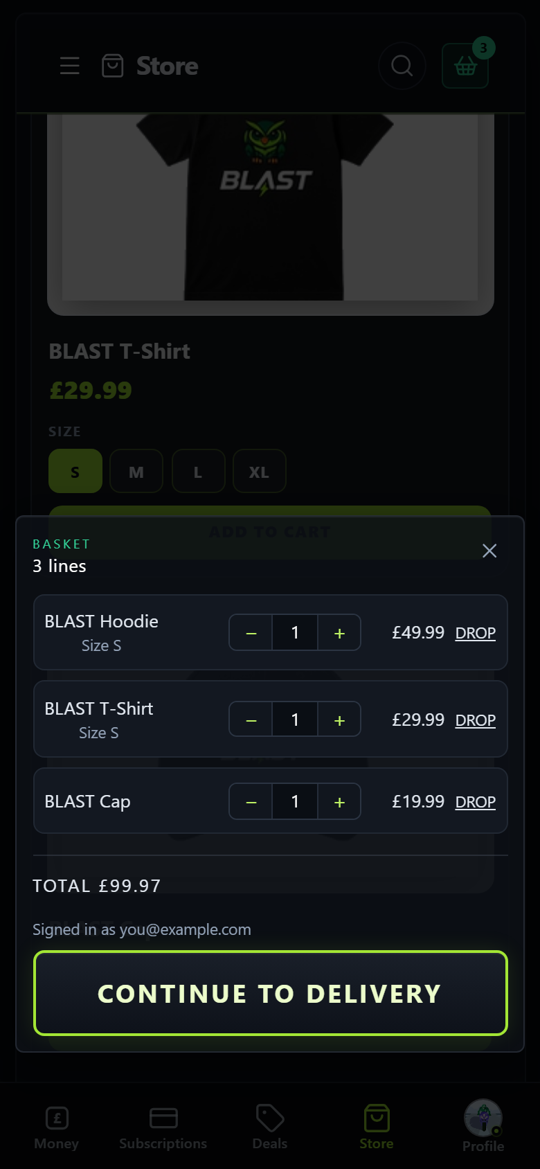 The Blast basket on a phone with a hoodie, T-shirt and cap, totalling £99.97.
