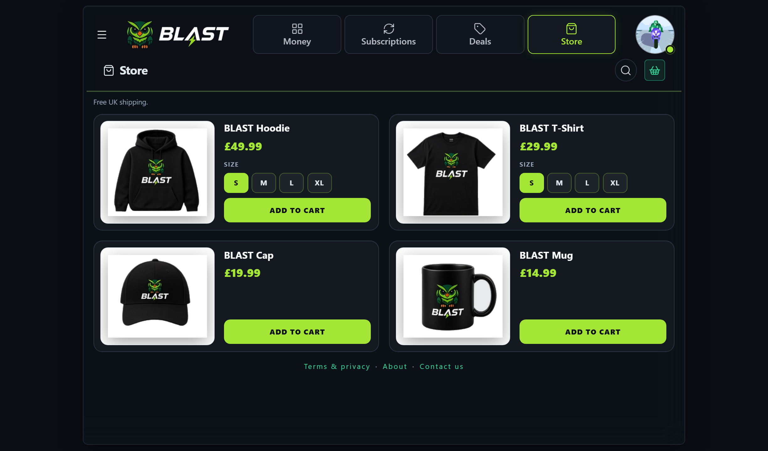 The Blast Store on desktop: hoodie, T-shirt, cap and mug with sizes and Add to cart.