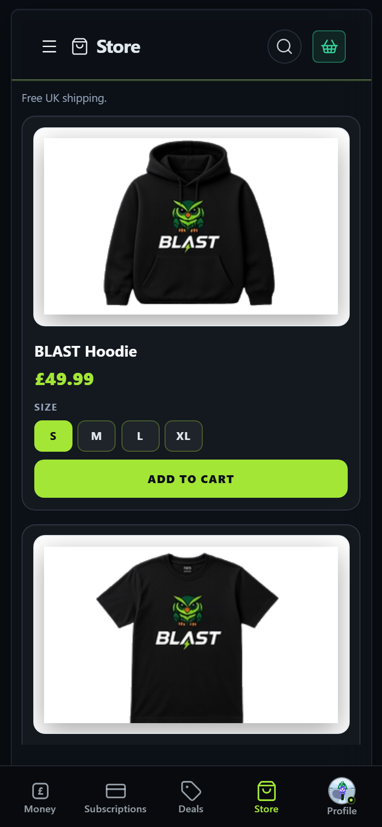 The Blast Store on a phone.