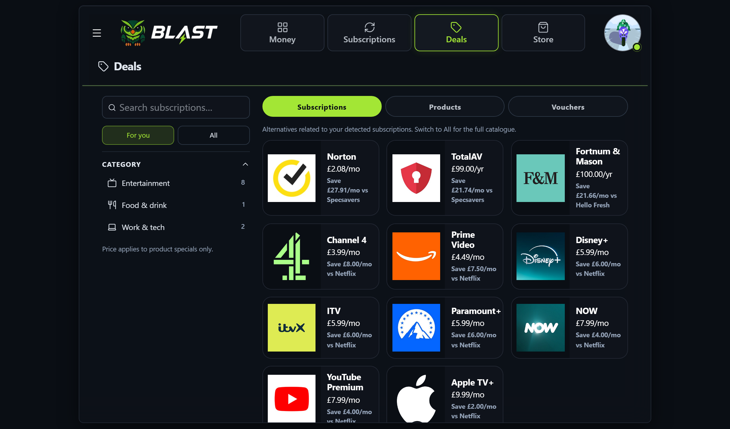 Subscription deals on desktop with monthly savings on each card.