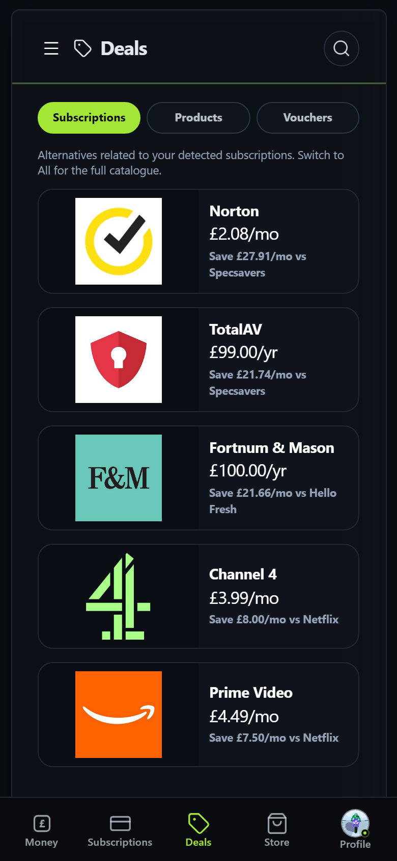 Subscription deals on a phone.